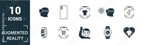 Ar And Vr icon set. Include creative elements augmented reality, 360 view, face recognition, augmented reality glasses, shopping icons. Can be used for report, presentation, diagram, web design