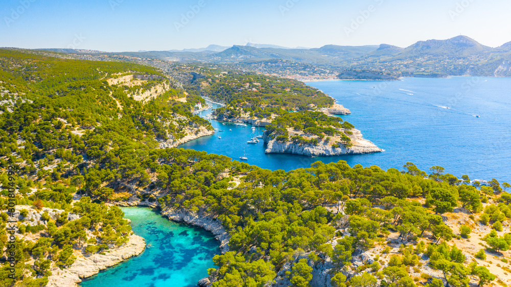 Panoramic view of Calanques National Park near Cassis fishing village, Provence, South France