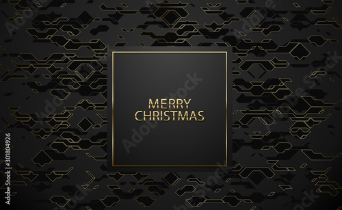 Merry Christmas luxury banner. Golden text on black square label frame. Dark technology geometric gold line pattern background. Vector illustration. Vip invitation or greeting card design