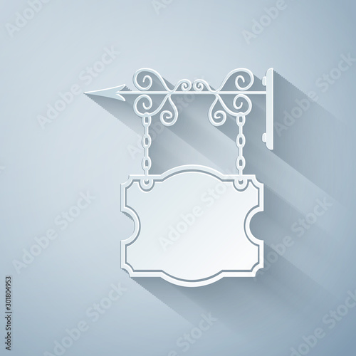 Paper cut Vintage street signboard hanging on forged brackets icon isolated on grey background. Suitable for advertisements bar, cafe, pub, restaurant. Paper art style. Vector Illustration