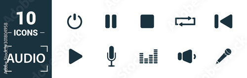 Audio Buttons icon set. Include creative elements play, pause, on off, volume down, repeat icons. Can be used for report, presentation, diagram, web design