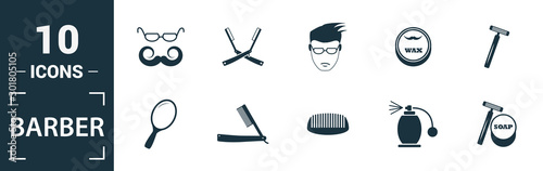 Barber Shop icon set. Include creative elements scissors, foam brush, straight razors cross, towel, mirror icons. Can be used for report, presentation, diagram, web design