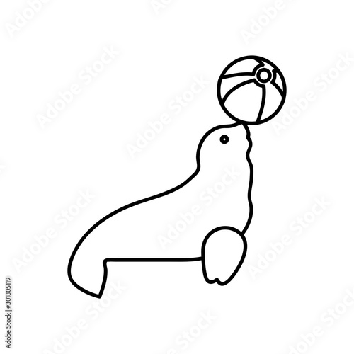 Trained fur seal playing with ball vector sketch icon isolated on background. Trained fur seal playing with ball sketch icon for infographic, website or app.