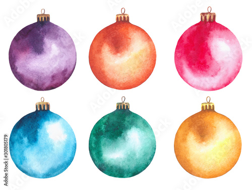 Watercolor Christmas balls. Holiday design elements  isolated on white background. Hand painted