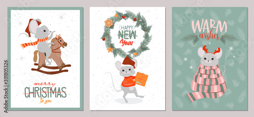 Set of Merry Christmas and New Year greeting card with cute mouse and holiday elements. Editable vector illustration