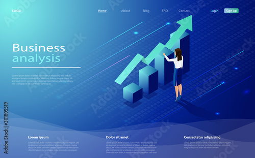 Business analysis concept banner with characters. Isometric concept business analysis for website and mobile website. Data analysis design concept. Business lady analyze the growing schedule