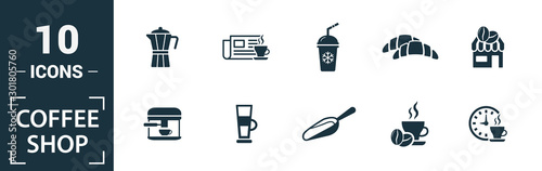 Coffe Shop icon set. Include creative elements coffee beans, cappuccino, coffee machine, coffee to go, ice coffee icons. Can be used for report, presentation, diagram, web design