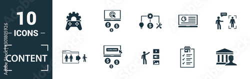 Content icon set. Include creative elements cost per click, crowdsourcing, curation, exit rate, gamification icons. Can be used for report, presentation, diagram, web design