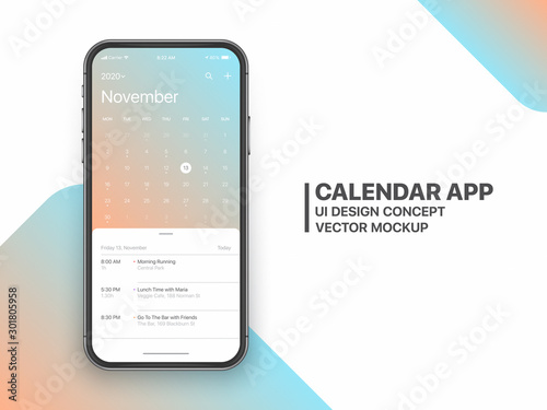 Calendar App Concept November 2020 Page with To Do List and Tasks UI UX Design Vector Mockup Smartphone Iphone 11 Screen Isolated on White Background. Planner Application Template for Mobile Phone