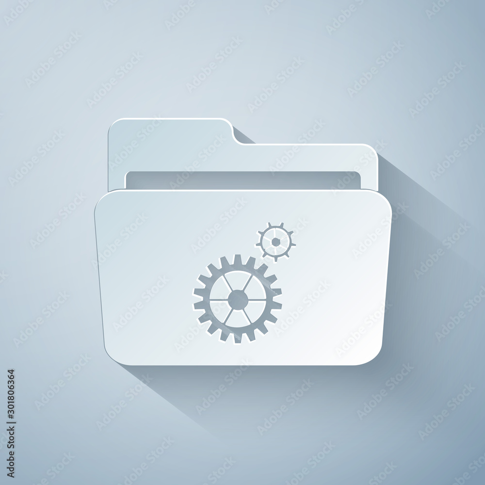 Paper cut Folder settings with gears icon on grey background. Concept of software update, transfer protocol, router, teamwork tool management, copy process. Paper art style. Vector Illustration Paper cut Folder settings with gears icon on grey background. Concept of software update, transfer protocol, router, teamwork tool management, copy process. Paper art style. Vector Illustration