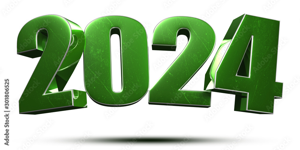 2024 3d numbers green on white background.(with Clipping Path