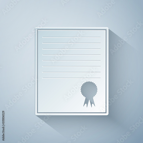 Paper cut Certificate template icon isolated on grey background. Achievement, award, degree, grant, diploma concepts. Business success certificate. Paper art style. Vector Illustration