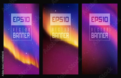 Vector set of vertical banners with beautiful starry sky and Northern lights. Illustration with aurora borealis in neon colors. Abstract colorful cards for design