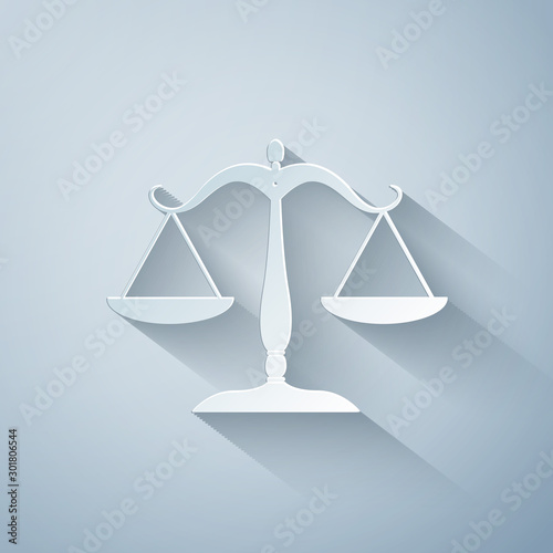 Paper cut Scales of justice icon isolated on grey background. Court of law symbol. Balance scale sign. Paper art style. Vector Illustration