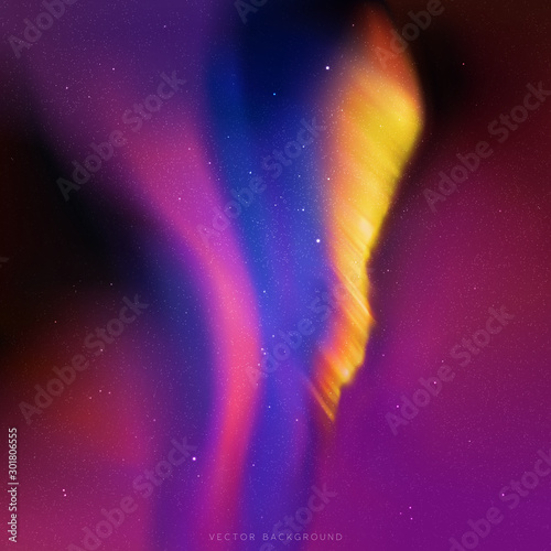 Night starry sky. Northern lights. Purple blue yellow aurora borealis
