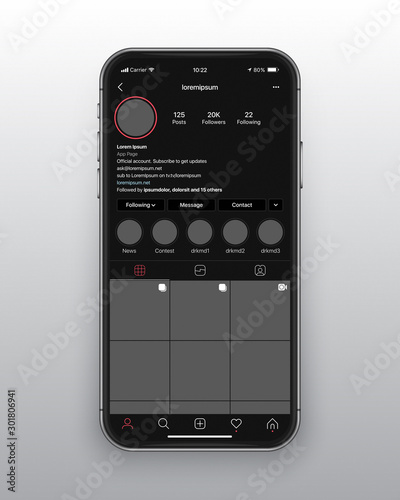 Photo Sharing Mobile App Instagram New Dark Mode UI and UX Alternative Trendy Concept Vector Mockup Frameless Smartphone Iphone 11 Screen Isolated on Light Background. Social Network Design Template