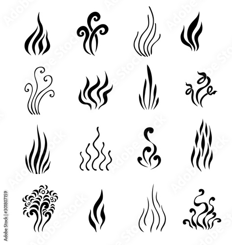 Set of Aromas icons. Symbols of vapor smoking and cooking smells in line art style black on white