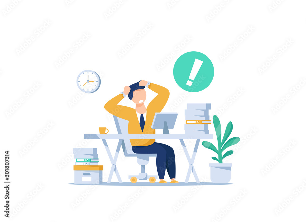 Tired and exasperated office worker,lot of work, Rush work. Flat style modern design