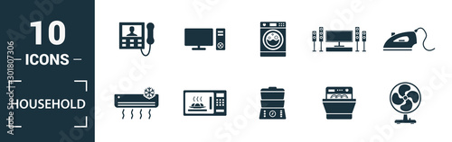 Household icon set. Include creative elements home fridge, electric hob, fan, dishwasher, double boiler icons. Can be used for report, presentation, diagram, web design