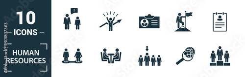 Human Resources icon set. Include creative elements searching, resume, relationship, head hunting, interview icons. Can be used for report, presentation, diagram, web design
