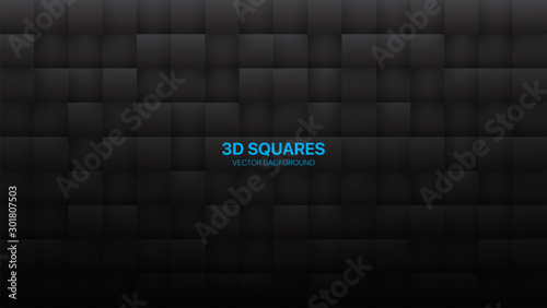 Dark Gray 3D Vector Squares Grid Pattern Abstract Background. Science Technology Three Dimensional Tetragonal Blocks Structure Conceptual Black Wallpaper. Tech Clear Blank Subtle Textured Backdrop