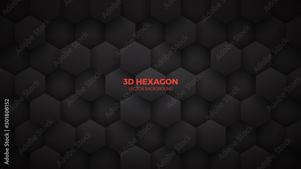 3D Vector Technological Hexagon Pattern Dark Mode Abstract Background. Conceptual Sci-Fi Tech Hexagonal Blocks Structure Minimalism Art Black Wallpaper. Clear Blank Subtle Textured Banner Backdrop