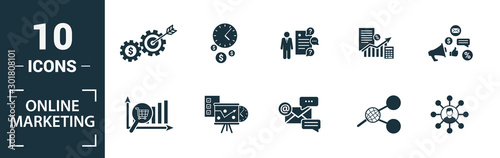 Online Marketing icon set. Include creative elements email marketing, mobile marketing, referral, marketing plan, social icons. Can be used for report, presentation, diagram, web design