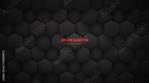 3D Vector Technological Hexagon Pattern Dark Mode Abstract Background. Conceptual Sci-Fi Tech Hexagonal Blocks Structure Minimalism Art Black Wallpaper. Clear Blank Subtle Textured Banner Backdrop