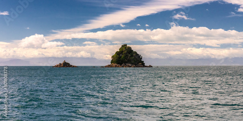 Small green islands in the blue-green Tasman Sea