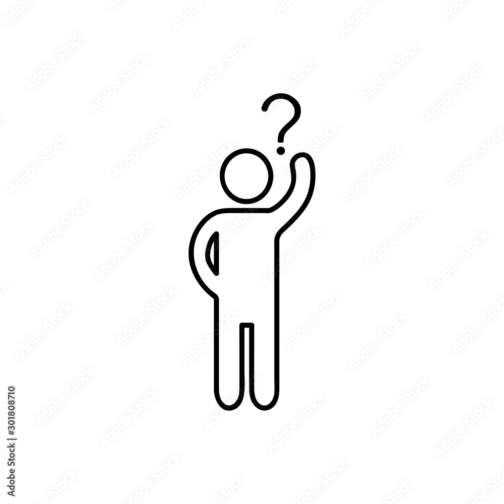 Simple vector icon with man or person with raised hand and a question mark. Uncertain person asking question icon Simple vector icon with man or person with raised hand and a question mark. Uncertain person asking question icon