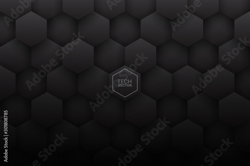 Dark 3D Vector Hexagons Abstract Background. Science Technology Three Dimensional Hexagonal Blocks Structure Conceptual Darkness Wallpaper. Tech Clear Blank Subtle Textured Backdrop