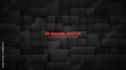 Conceptual 3D Vector Different Size Square Blocks Technological Dark Abstract Background. Science Technology Tetragonal Structure Darkness Wallpaper. Black Friday Sale Blank Tech Backdrop
