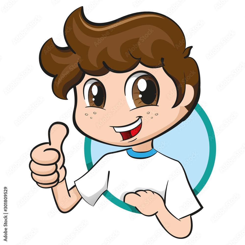 Illustration boy with tuft and freckles signaling ok, approved, correct. Child with brown hair and happy eyes expression. Ideal for institutional and promotional matters