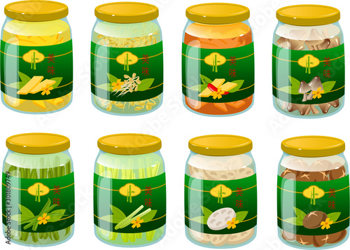 Vector illustration of various canned and jarred preservd Asian vegetables