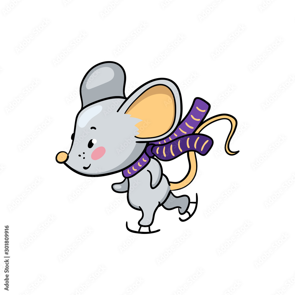 Fototapeta premium Cute mouse character skating. Friendly rat vector illustration on white background. 2020 New Year sticker.