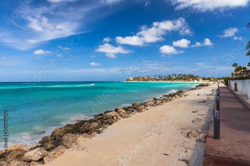 Beautiful view of coast line of Atlantic ocean on Aruba island. Gorgeous nature landscape backgrounds. Caribbean.