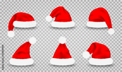 Set of Santa Claus hats. Realistic red Santa Claus s caps isolated on transparent background. Cute Christmas Santa s hats for costume and mask  design element