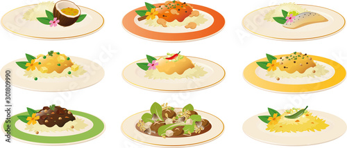 Vector illustration of various kinds of Indian and Asian dishes