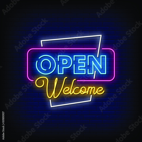 Open Welcome Neon Signs Style Text Vector