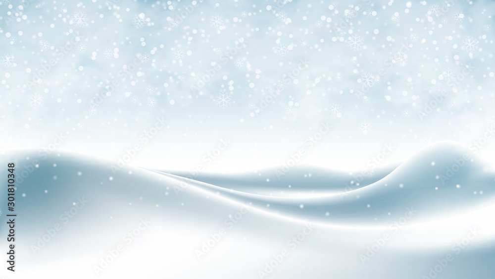 Christmas background, blue winter sky with falling snow and huge snowdrifts. Beautiful winter landscape, holiday scene with falling snowflakes for greeting card, wallpaper Christmas background, blue winter sky with falling snow and huge snowdrifts. Beautiful winter landscape, holiday scene with falling snowflakes for greeting card, wallpaper