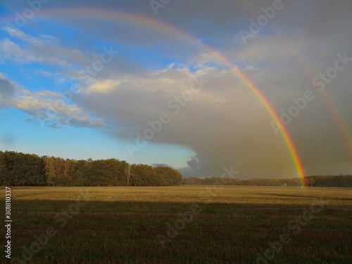rainbow over field with blue sky and clouds