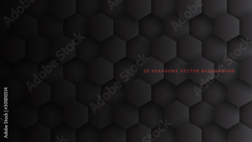Technological 3D Vector Hexagon Blocks Black Abstract Background. Conceptual Sci-fi Hexagonal Structure Pattern Minimalist Dark Gray Wallpaper. Clear Blank Subtle Textured Banner Backdrop
