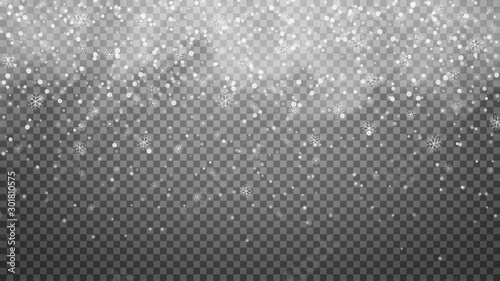 Falling snow on transparent background. Snowfall texture, snowflakes are falling down, transparent overlay effect. Realistic Christmas snow