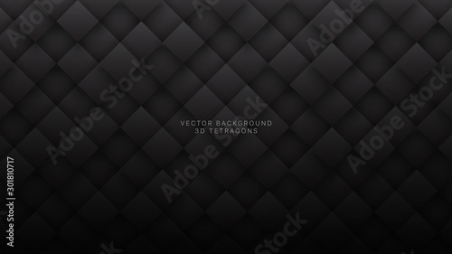 Black 3D Vector Rhombus Pattern Abstract Background. Science Technologic Conceptual Tetragonal Structure Dark Gray Wallpaper. Three Dimensional Tech Clear Blank Subtle Textured Backdrop