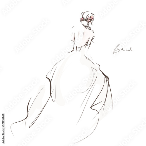 Bride in beautiful wedding dress, rear view. Hand drawn illustration, vector