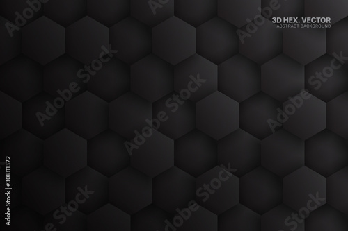 3D Vector Hexagonal Blocks Structure Dark Gray Abstract Background. Three Dimensional Science Technological Hexagons Darkness Conceptual Art Illustration. Black Friday Sale Blank Tech Backdrop