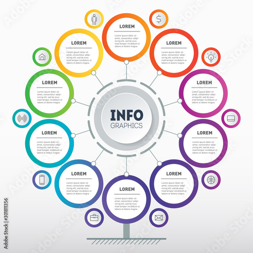 Business presentation concept with 10 options. Template of tree, chart or diagram with ten process. Infographic of technology or education. Light background.