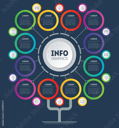 Annual report is segmented into 12 months. Tree or diagram. Infographic of technology or education process. Brochure design template. Business presentation concept with 12 options, steps.