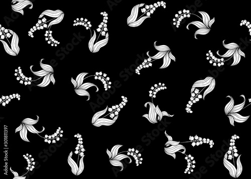 Lily of the valley, may-lily Seamless pattern, background. Vector illustration. Black and white graphics. Vector illustration. In art nouveau style, vintage, old, retro style.. photo