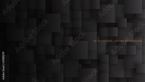 Conceptual 3D Vector Different Size Squares Technological Dark Abstract Background. Science Technology Tetragonal Blocks Structure Pattern Black Wallpaper. Tech Clear Blank Subtle Textured Backdrop